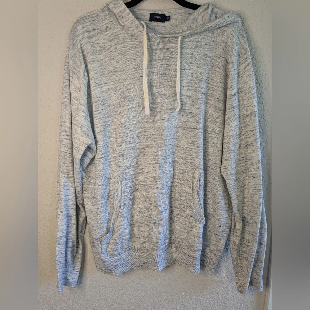 J. Crew Long Knit Hoodie Unisex L Heathered Blue Gray Lightweight FLAW Cozy